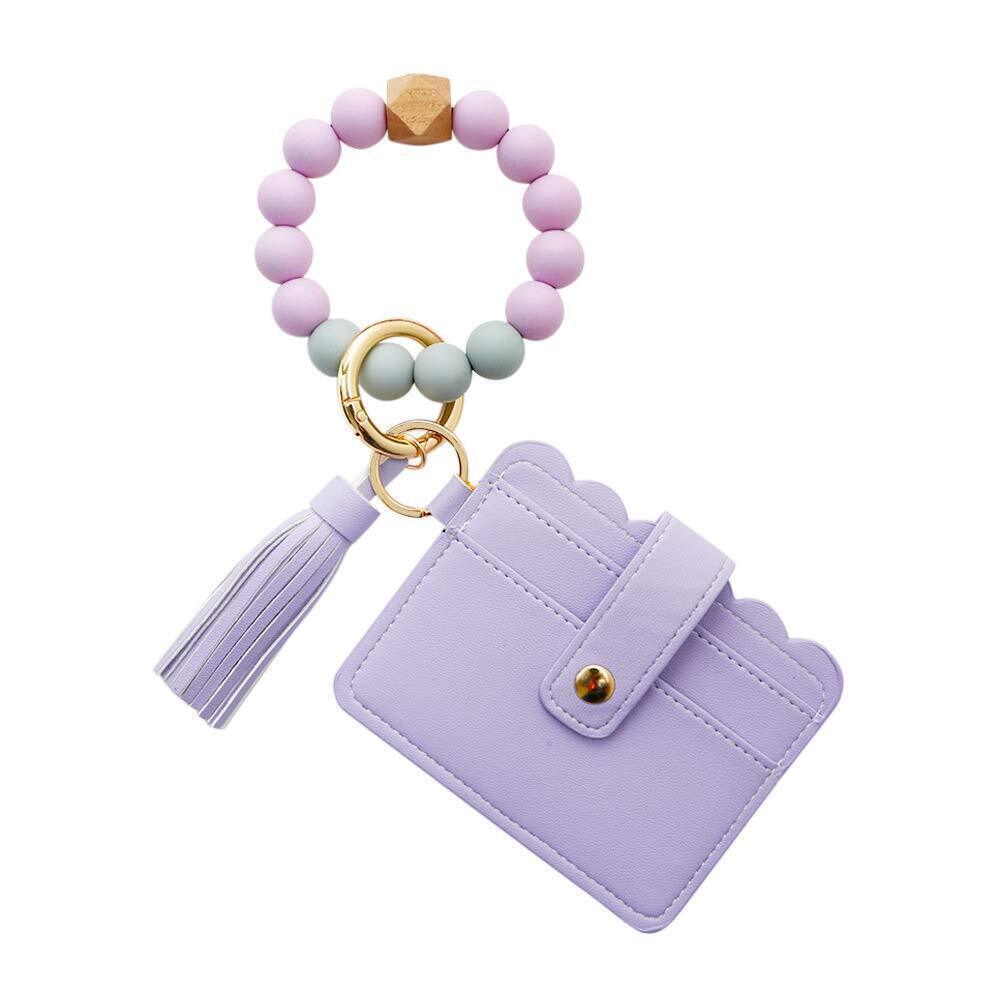 7465 Silicone Wood Beaded Tassel Bracelet Wristlet Bangle Keychain Key Ring